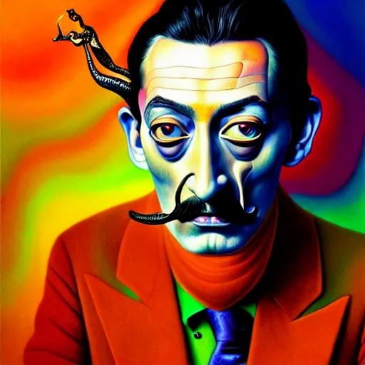 Image similar to An extremely psychedelic portrait of Salvador Dali, surreal, LSD, face, detailed, intricate, elegant, lithe, highly detailed, digital painting, magical, Occult, artstation, concept art, smooth, sharp focus, illustration