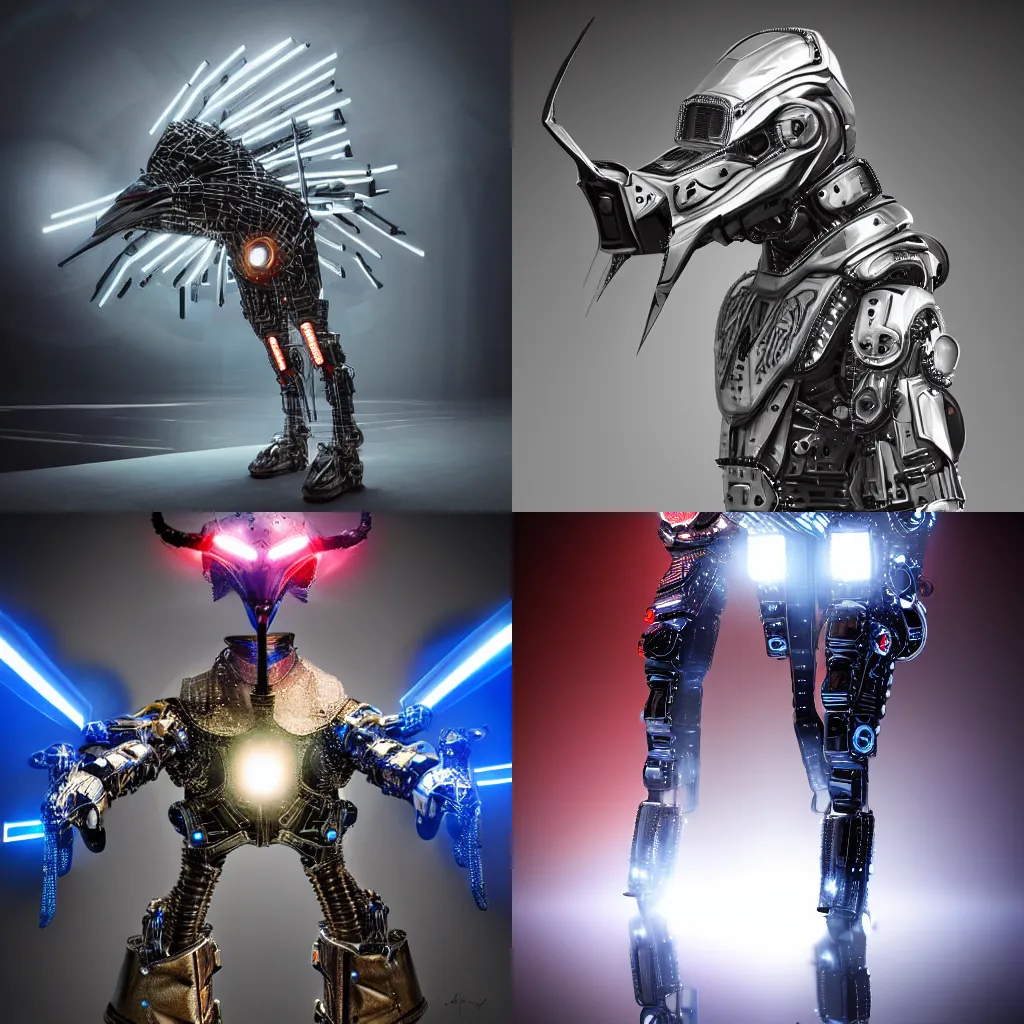 Prompt: ostrich wearing futuristic cybernetic battle armour, dramatic lighting, portrait, leds, realistic reflections