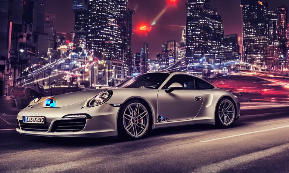 Prompt: photo of a porsche 911 at night driving fast through a city, cinematic, 4k, long exposure photography