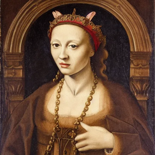 Image similar to a renaissance style portrait of fox wearing a crown and a cape, dark background