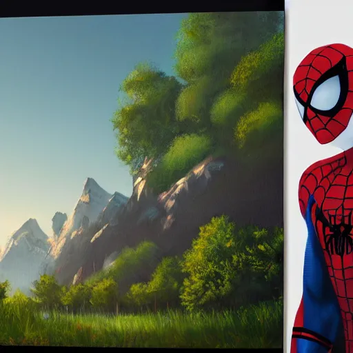 Image similar to a closeup photorealistic photograph of bob ross working on a canvas painting of spiderman. film still. brightly lit scene. mountains and trees. this 4 k hd image is trending on artstation, featured on behance, well - rendered, extra crisp, features intricate detail, epic composition and the style of unreal engine.