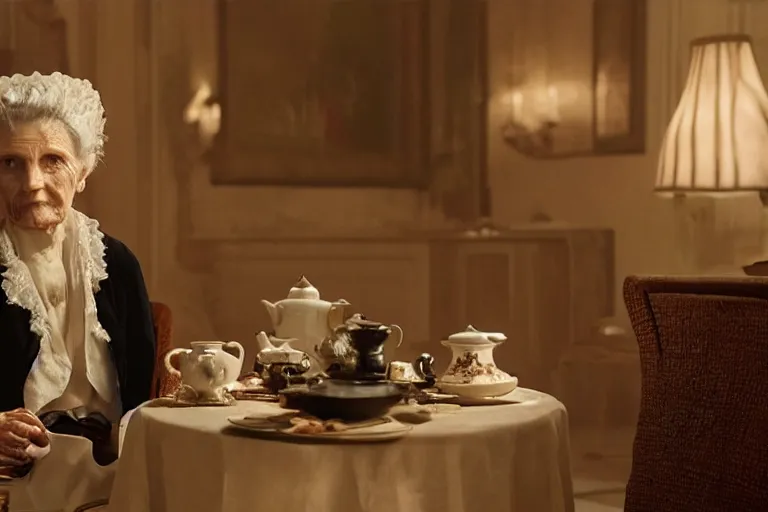 Prompt: VFX movie portrait of old woman served tea by a futuristic butler robot in a decadent living room by Emmanuel Lubezki