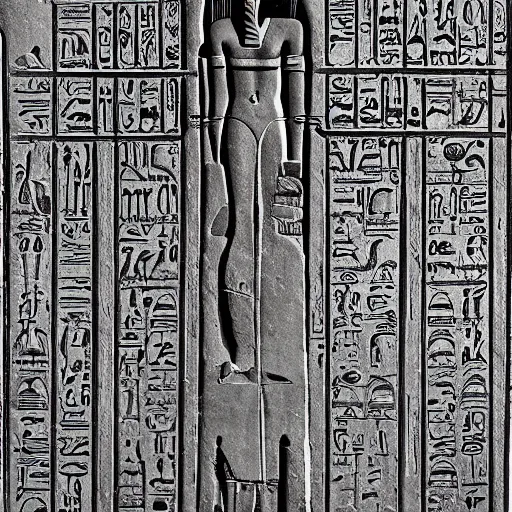 Prompt: ancient egyptian papyrus by herbert list, by stanisław szukalski dismal. the sculpture is a beautiful example of abstract art. the sculpture is composed of a series of geometric shapes in different colors. the shapes are arranged in a way that creates a sense of movement & energy. the sculpture is visually stunning & is sure to provoke thought & conversation.