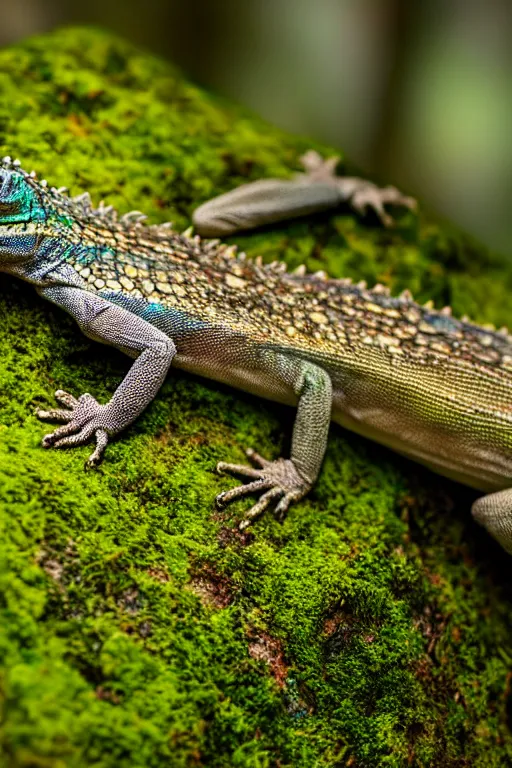 Prompt: a macro portrait photo of a gentleman lizard lounging on a moss covered rock, shiny scales, moss and vegetation, ancient forest, close - up, intricate details, intricately detailed textures, warm lighting, vivid colors, smoke and mist, hyper realistic octane render, volumetric shading, depth of field, raytracing, 8 k,