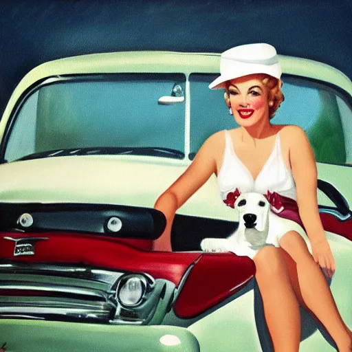 Image similar to a pin up driving with her white dog and big hat, award winning, 1 9 5 0 s painting