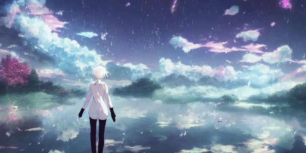 Prompt: white haired girl walking in cloud pond night, fractal dreamscape, shattered sky cinematic, mirror reflection, vibrant colors, digital anime illustration, award winning, by makoto shinkai and fuzichoko