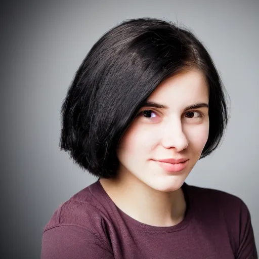 Image similar to young woman with shoulder - length messy black hair, slightly smiling, 1 3 5 mm nikon portrait