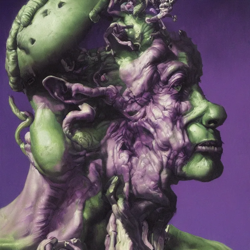 Prompt: a neoclassicist close - up portrait of a green and purple man with hyperrealist dragon - like features. reflective alien technology. head and shoulders. foggy black background with dark puffy glowing clouds. highly detailed science fiction painting by norman rockwell, frank frazetta, syd mead and moebius. rich colors, high contrast, gloomy atmosphere, dark background. trending on artstation.