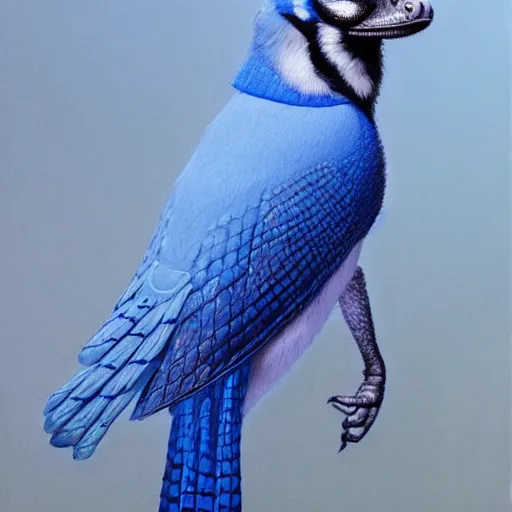 Prompt: a detailed oil painting of a crocodile blue jay hybrid, intricate, trending on artstation, well - lit, by michael whelan, james gurney, and donato giancola - w 7 0 0