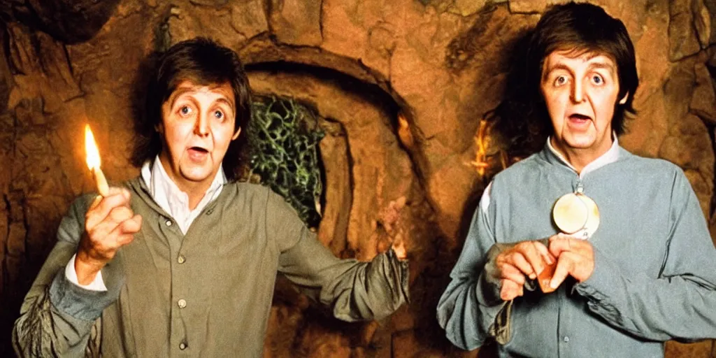 Prompt: A full color still of 30 year old Paul McCartney holding a small ring, dressed as a hobbit inside his house at night with firelight, directed by Stanley Kubrick, 35mm, 1970