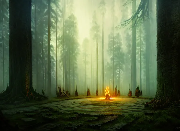 Image similar to the forest council, gods, environment, illustration, symmetrical, smoky, unreal engine, colors, epic scene, fantasy art by greg rutkowski, octane redner, golden raito, high quality, intricate details, highly details, intricate, atmosphere, highly detailed, matte painting, cinematic, deviantart, realistic, concept art, 4 k