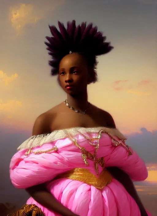 Prompt: stunning african princess, detailed pink and white protea inspired gown against a black backdrop by ivan aivazovsky, wlop, oil painting, beautiful soft lighting, vintage, rococo, muted colours, artstation