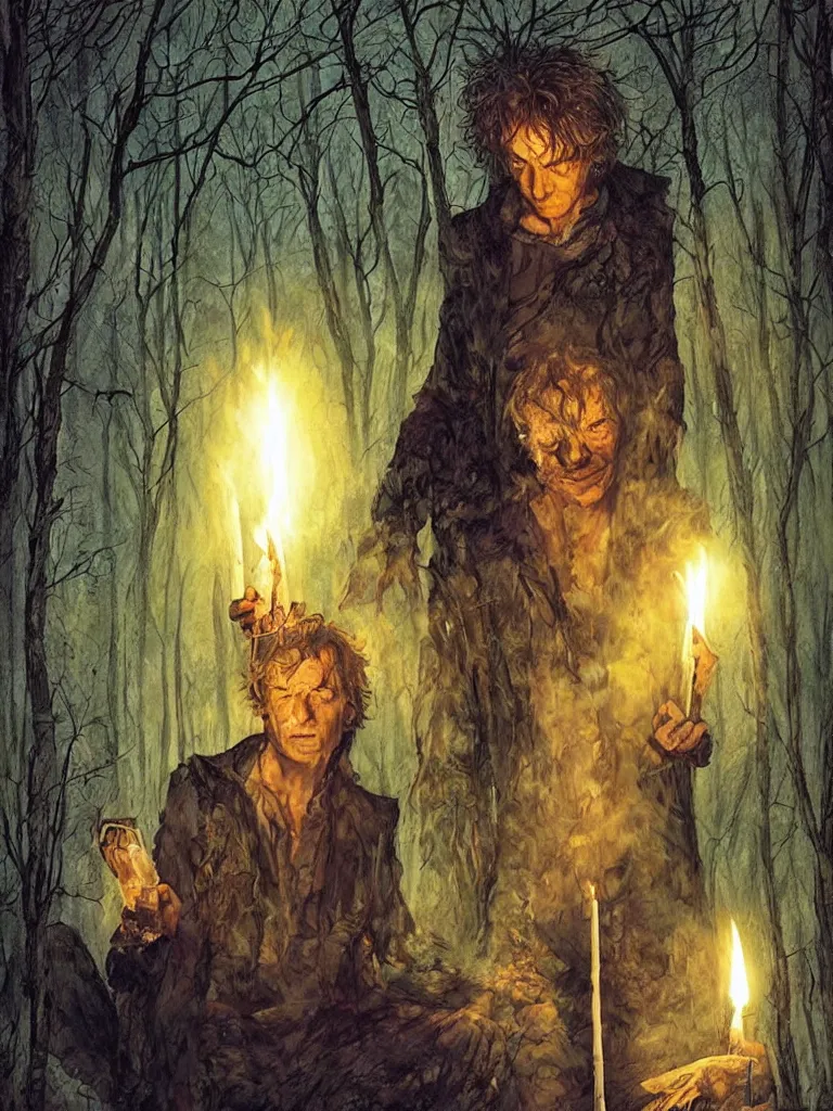 Image similar to neil gaiman sandman surrounded by candles in a deserted forest by lee bermejo and greg rutkowski in vivid color scheme