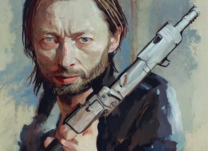 Prompt: a highly detailed beautiful portrait of thom yorke with a gun, by gregory manchess, james gurney, james jean