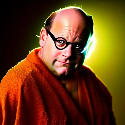 Image similar to uhd candid photo of george costanza as a super sayian, glowing, global illumination, studio lighting, radiant light, detailed, correct face, elaborate intricate costume. photo by annie leibowitz