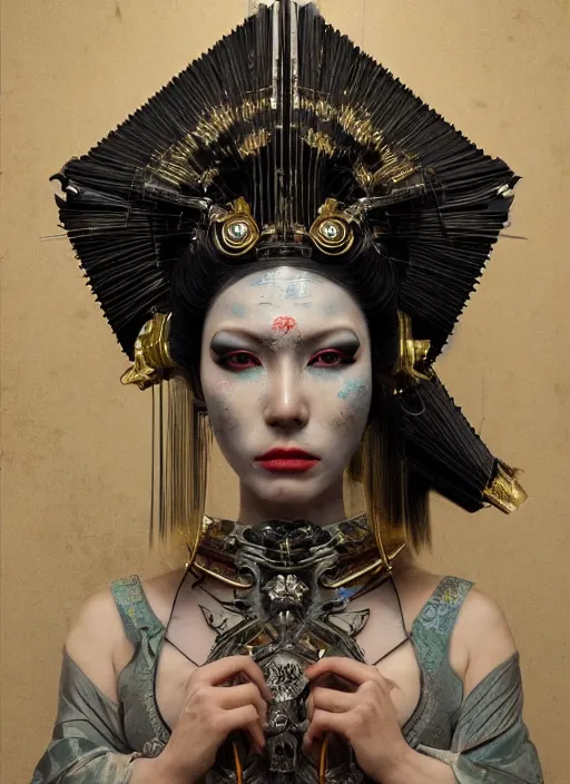 Prompt: portrait of a sensual cyberpunk geisha cyborg with headpiece, imari, modern fine art, fractal, in the style of ghosts in the shell, intricate ornaments, elegant, highly detailed, digital photography, subsurface scattering, by jheronimus bosch and greg rutkowski,