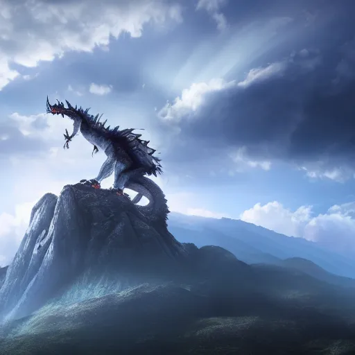 Prompt: giant majestic epic dragon on a mountain between the clouds, epic, volumetric light, volumetric fog, extreme details, 8 k, realistic