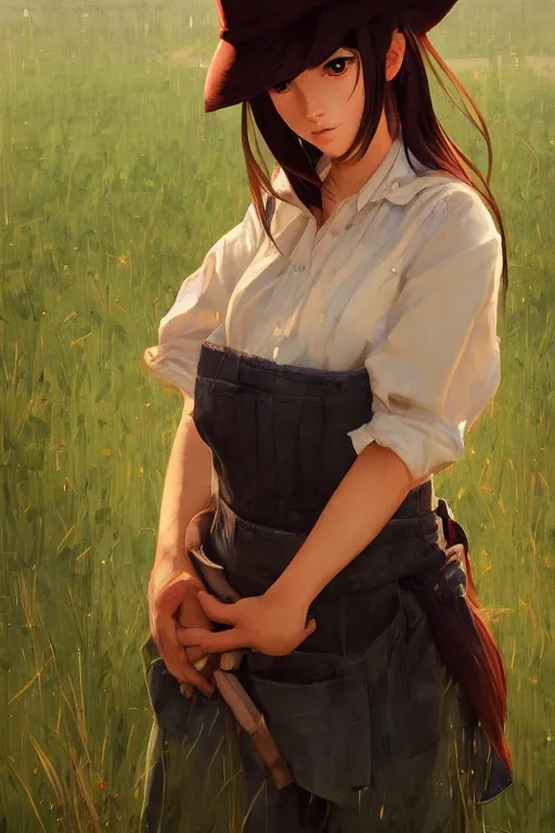 Image similar to a farmer girl, full shot, intriguing outfit, fine - face, realistic shaded perfect body, fine details. night setting. very anime style. realistic shaded lighting poster by ilya kuvshinov katsuhiro, magali villeneuve, artgerm, jeremy lipkin and michael garmash, rob rey and kentaro miura style, trending on art station