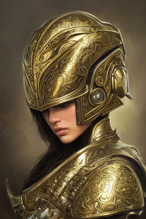 Image similar to attractive young female wearing an ornate metallic helmet, clothed in battle armor, olive skin, long dark hair, beautiful bone structure, symmetrical facial features, intricate, elegant, highly detailed, digital painting, trending on Artstation, concept art, smooth, sharp focus, illustration, art by artgerm and greg rutkowski and alphonse mucha