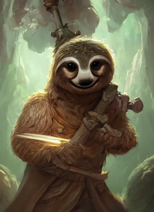 Image similar to cute little anthropomorphic sloth, wielding a magic staff, tiny, small, short, wizard robe, cute and adorable, pretty, beautiful, dnd character art portrait, matte fantasy painting, deviantart artstation, by jason felix by steve argyle by tyler jacobson by peter mohrbacher, cinema