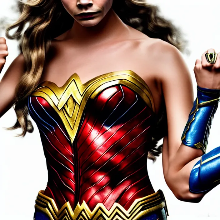 Image similar to professional full length photograph of cara delevingne as wonder woman. Extremely detailed. 8k