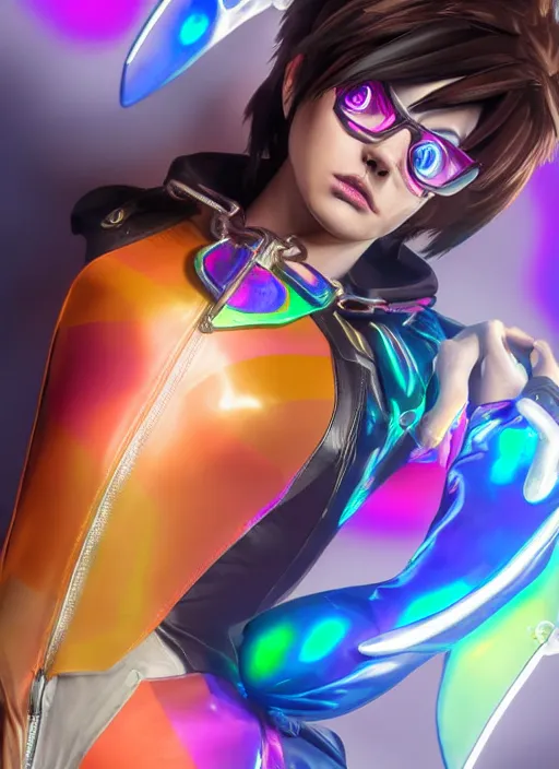 Image similar to portrait bust digital artwork of tracer overwatch, wearing iridescent rainbow latex and leather straps catsuit outfit, expressive face, makeup, in style of mark arian, angel wings, wearing detailed leather collar, chains, black leather harness, detailed face and eyes,