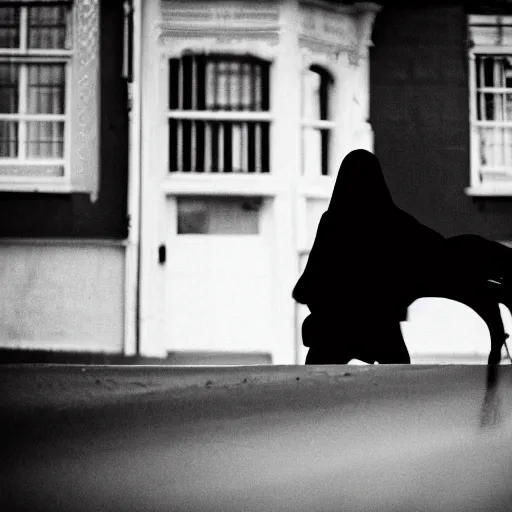 Image similar to A woman with a black cloak is riding a dark horse from distance, Kodak TRI-X 400, dark mood, melancholic