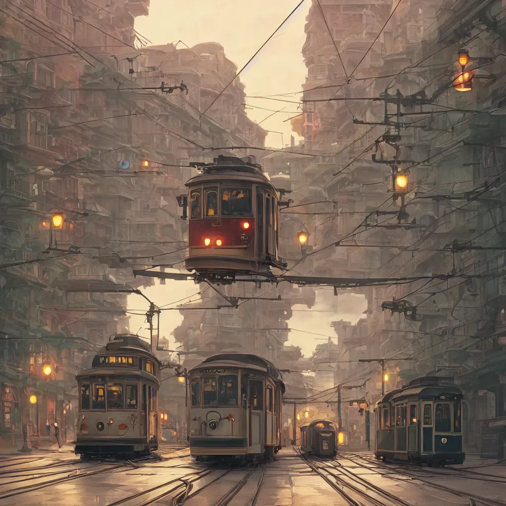 Image similar to a streetcar is running on the maple leaf sea, unreal engine, fantasy art by greg, loish, rhads, ferdinand knab, makoto shinkai and lois van baarle, ilya kuvshinov, rossdraws, tom bagshaw, night lighting, trending onstudio ghibli, highly detailed, octane render, 8 k