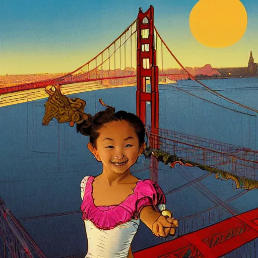 Image similar to a mixed race hapa five - year - old girl, dressed as a ballerina, balancing on the golden gate bridge, smiling into the camera, portrait, wide shot, sunset illustration, pop art, splash painting, art by geof darrow, ashley wood, alphonse mucha