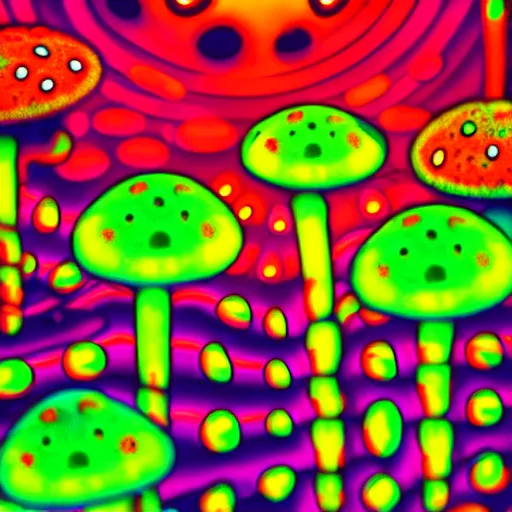 Prompt: adorable toadstools, psychedelic art, neon glow, behance hd, bokeh