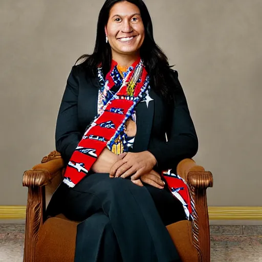 Prompt: official portrait of the united states president, 2024. she is a 38 year old native american woman. photograph