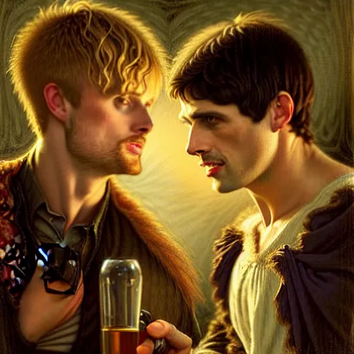 Prompt: handsome bradley james as arthur pendragon and handsome colin morgan as merlin go to a pub together to have some drinks. highly detailed painting by gaston bussiere, greg rutkowski, j. c. leyendecker 8 k