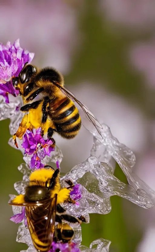 Image similar to a bee finding a beautiful flower, both entrapped in ice, only snow in the background, beautiful macro photography, ambient light