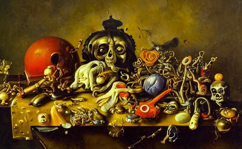 Image similar to disturbing colorful oil painting dutch golden age vanitas still life with bizarre objects strange gooey surfaces shiny metal bizarre insects rachel ruysch dali todd schorr very detailed perfect composition rule of thirds masterpiece canon 5 0 mm, cinematic lighting, photography, retro, film, kodachrome