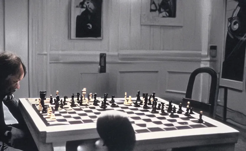 Prompt: Astronaut playing chess in the shining by stanley kubrick, shot by 35mm film color photography