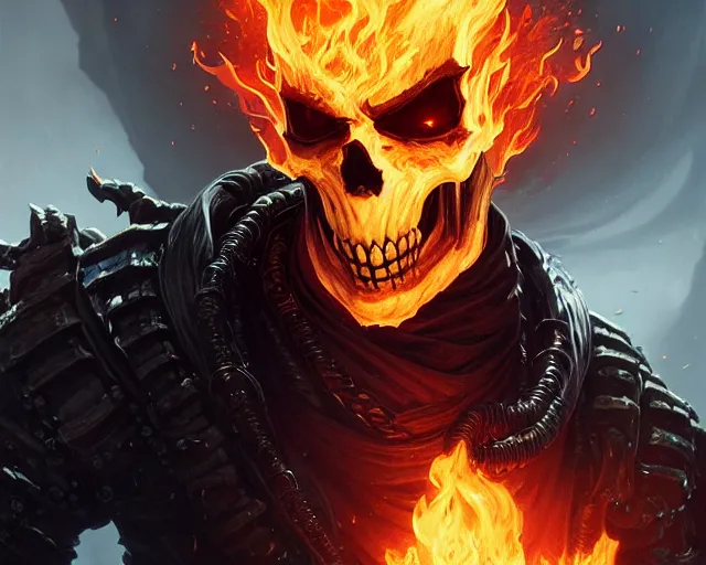 Image similar to a 4 k cinematic film screenshot still portrait of ghost rider, deep focus, d & d, fantasy, intricate, elegant, highly detailed, digital painting, artstation, concept art, matte, sharp focus, illustration, dark fantasy style art, hearthstone, art by artgerm and greg rutkowski and alphonse mucha