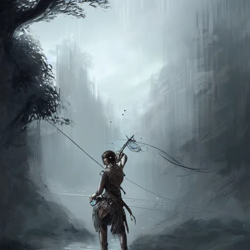 Image similar to beautiful extremely detailed intricate concept art depicting an archer by wlop. shining jewelry. grey atmosphere. particles in the background. bcy. net