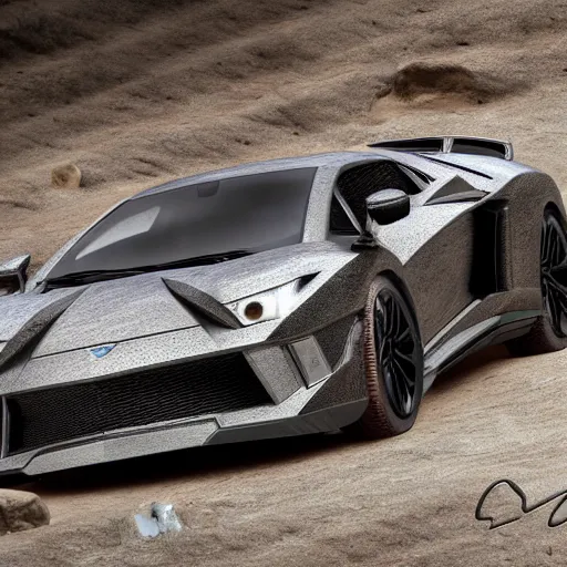 Image similar to lamborgini made of stone, inka style, hyper - realistic, very detailed, ray tracing, 8 k resolution, long - shot, sharp focus, low angle, 3 5 mm photograph, wide lens