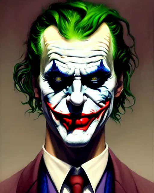 Image similar to character portrait of the joker | | realistic shaded, unpleasant face, bad looking, fine details, realistic shaded lighting poster by greg rutkowski, magali villeneuve, artgerm, jeremy lipkin and michael garmash and rob rey