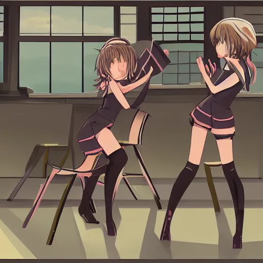 Prompt: anime girl fight with chair, concept art, story, fine details