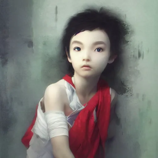 Prompt: a young boy of just 14 with Snow White! hair! and glowing green! eyes who can walk through walls, disappear, and fly. Ruan Jia
