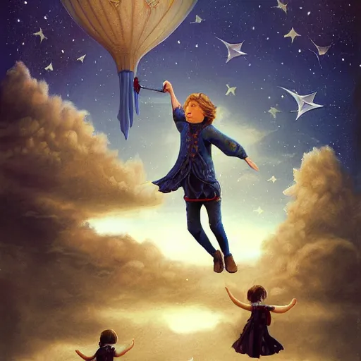 Image similar to realistic detailed children flying through the stars by emilia dziubak, will terry, greg olsen, chris mars, ann long, and mark brooks, dramatic, fairytale, art nouveau, victorian, neo - gothic, gothic, character concept design, storybook design