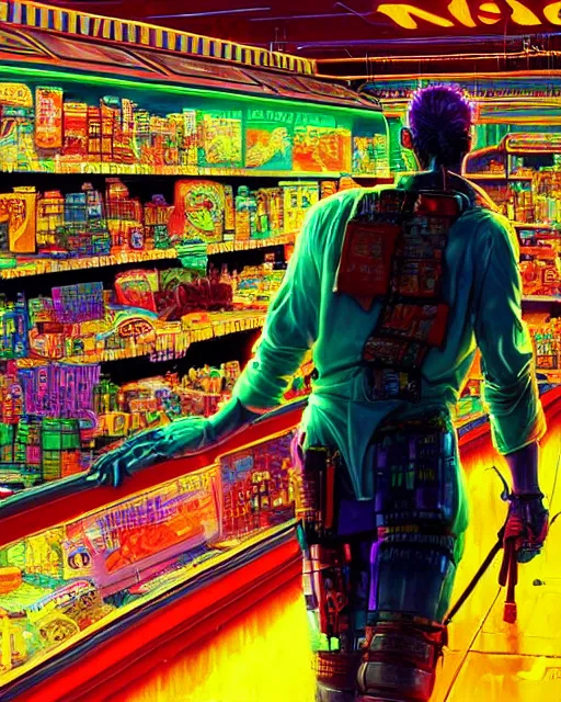 Prompt: cyberpunk man shopping at a neon soaked grocery store, science fiction painting, elegant intricate digital painting artstation, art by norman rockwell, detailed