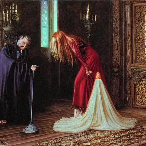 Image similar to woman bows to her vampire master, a sharp realistic painting by donato giancola and berthold woltze.