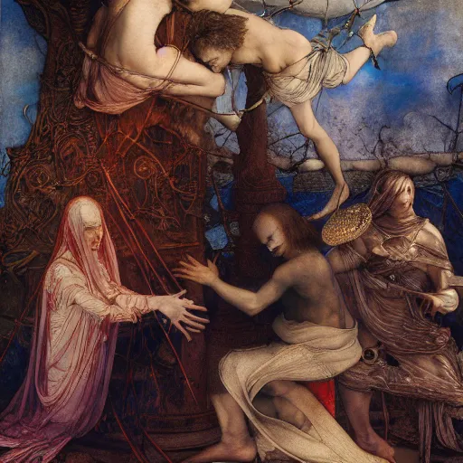 Prompt: disasterpiece truth disciples holy estrangement, by Edgar Maxence and Ross Tran and Michael Whelan and Da Vinci and Caravaggio and J.M.W Turner, metal watercolor intricate line drawings, sacred chords, mixed techniques 4k resolution