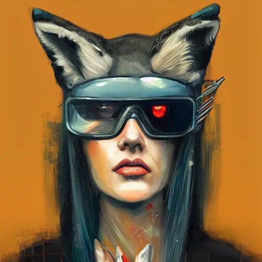 Image similar to a painting of a woman with a fox on her head, cyberpunk art by Sam Spratt, featured on Artstation, furry art, darksynth, artstation hd, 2d game art