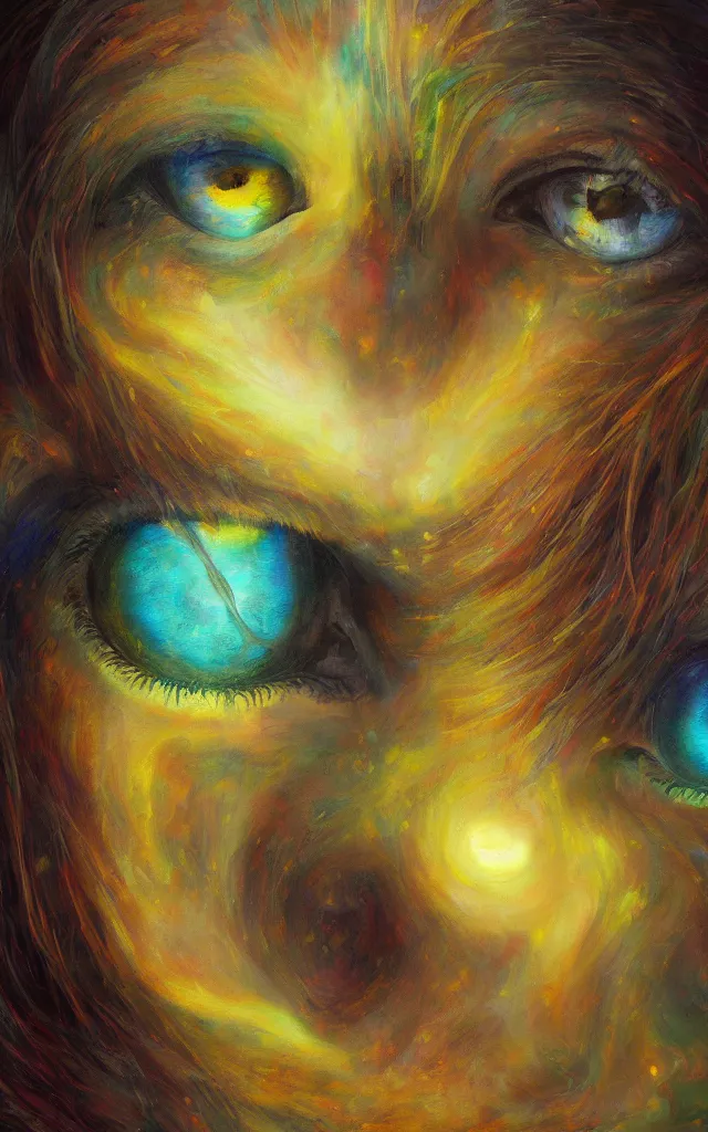 Prompt: iridescent spirit of wrath and fear cruel beautiful spirit with golden eyes lunar mythos ambient fog, award winning oil painting, lunar color palette