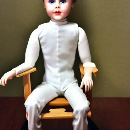 Prompt: Porcelain doll Ryan gosling sits on a rocking chair, realism, proportions,