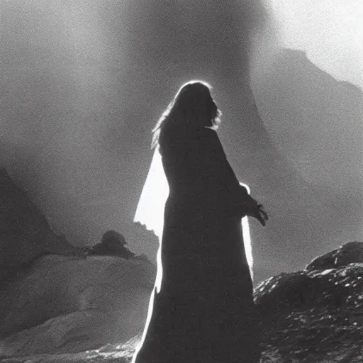 Prompt: 1 9 7 0's artistic spaghetti western movie, a woman in a giant billowy wide flowing waving dress made out of white smoke, standing inside a dark western rocky scenic landscape, volumetric lighting, backlit, moody, atmospheric