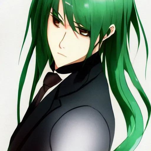 Image similar to full body portrait character concept art, anime key visual of decadent green long straight hair young anime male in black suit, green long straight hair and brown eyes, finely detailed perfect face studio lighting delicate features directed gaze, gapmoe kuudere grimdark, trending on pixiv fanbox, painted by greg rutkowski makoto shinkai takashi takeuchi studio ghibli